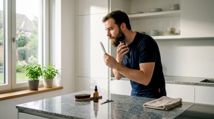 Man trimming medium-length beard in bathroom