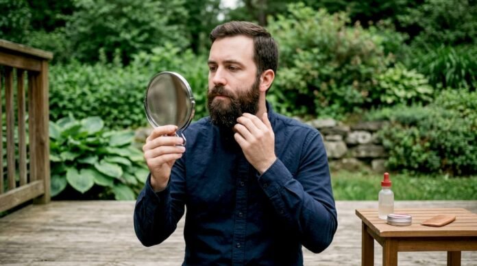 Bearded man inspecting dandruff flakes in bathroom mirror
